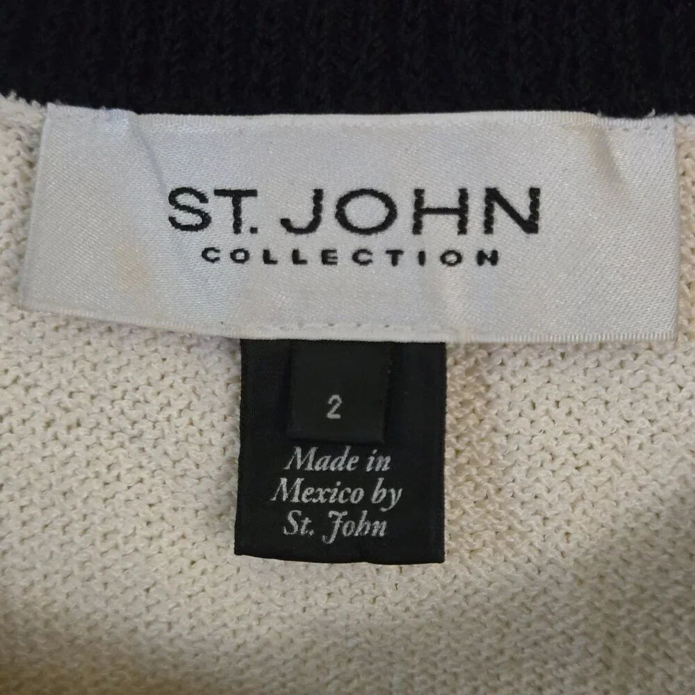 St. John Caviar Jacket Cream Black Santana Knit Full Zip 3/4 Sleeve Size 2